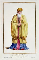 Confucius (551-479 f.Kr.), fra 'Receuil des Estampes, som representerer rangene og verdighetene, etter drakten til alle de eksisterende nasjonene', utgitt 1780 (håndfarget gravering)